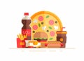 Group of fastfood meals and beverages. Pizza, fries, hamburger, hot dog, soda
