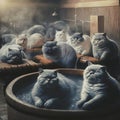 Group of fat British Shorthair cats relax in a Finnish sauna