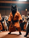 A group of Felidae, small to mediumsized cats, are practicing karate in a room