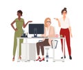 Group of female employees or managers at office - working on computer, drinking coffee, discussing work issues. Cartoon