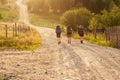 Group of female hikers in sunset backlight on gravel dusty road heading to Pietrosul Rodnei mountain. Mountain ridge slopes of Royalty Free Stock Photo