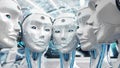 Group of female robots heads watching world map interface 3d rendering Royalty Free Stock Photo