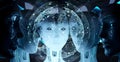 Group of female robots heads watching world map interface 3d rendering Royalty Free Stock Photo