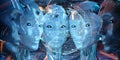 Group of female robots heads watching world map interface 3d rendering Royalty Free Stock Photo