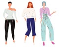 Group of females street style characters collection wearing leggings, wide trousers, wide culottes