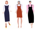 Group of females street style characters collection wearing pinafore dress different length Royalty Free Stock Photo