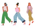 Group of females street style characters collection wearing wide trousers, culottes different length