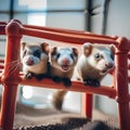 A group of ferrets racing in a high-tech obstacle course with automated timers and sensors4