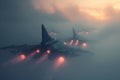 A group of fighter jets cuts through the fog as they soar through the sky, A series of stealth fighter ships emerging from a foggy Royalty Free Stock Photo