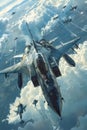 A group of fighter jets flying through the sky above the clouds. Generative AI Royalty Free Stock Photo