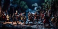 A group of figurines of knights in a forest. Generative AI image.