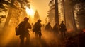 Group of firefighters in an effort to extinguish the forest fire