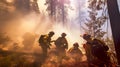 Group of firefighters in an effort to extinguish the forest fire