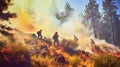 Group of firefighters in an effort to extinguish the forest fire