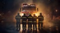 A group of firefighters in front of a fire truck rear. Generative AI Royalty Free Stock Photo
