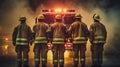 A group of firefighters in front of a fire truck rear. Generative AI Royalty Free Stock Photo