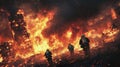 Group of firefighters in protective gear standing in front of a large fire scene during emergency response drill Royalty Free Stock Photo