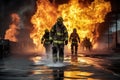 A group of firefighters walking in front of a massive fire, ready to tackle the flames, Firefighter Rescue Training In Fire