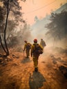 Group of firefighters in yellow protective uniform walk by the dirt road in the woods. Professionals putting out the wildfire. Royalty Free Stock Photo