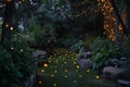 A group of fireflies lights up a garden at night, creating a beautiful path with their glowing bodies, A magical birthday garden Royalty Free Stock Photo