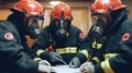 Group of firemen in uniform writing on paper in fire station. Generative AI