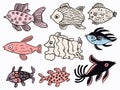 A Group Of Fish Drawn In Different Colors - Funny cut baby sea creatures in pastel color Royalty Free Stock Photo