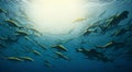 group of fish swim in circles in the ocean, with some sunlight streaming through the water