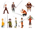 Group fishermans fishing with fish. Fishing people with equipment for cutting fish. Vacation concept flat vector icon Royalty Free Stock Photo