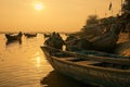 A group of fishermen at sunrise preparing their boats. Generative AI