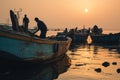 A group of fishermen at sunrise preparing their boats. Generative AI