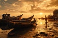 A group of fishermen at sunrise preparing their boats. Generative AI