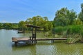 Group of fishing places at the lake from Hanul Pescarilor restaurant in Oradea. Royalty Free Stock Photo