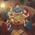 A group of five animated characters is gathered around a circular table playing a Royalty Free Stock Photo