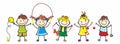 Group of five children, girls and boys, games, sports activity, vector image Royalty Free Stock Photo