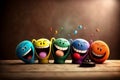 Group of five colorful smiling cartoon characters with balloons. Greeting card concept. Ai generative Royalty Free Stock Photo