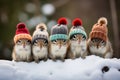 A group of five cute chipmunks in the snow wearing winter woolly hats, adorable Christmas scene
