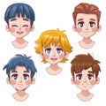 group of five cute youngs boys teenagers manga anime heads characters