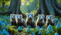 Adorable Four Ferrets Posing in a Blue Flower Garden Royalty Free Stock Photo