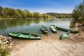 Five boats on the river bank Royalty Free Stock Photo