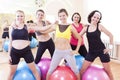 Group of Five Happy Caucasian Female Athletes Posing Together Embraced Against Fitballs