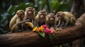 A Curious Gathering: Young Monkeys Adorned with Flowers on a Jungle Branch Royalty Free Stock Photo