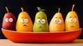 A group of five pears with faces drawn on them in a bowl, AI Royalty Free Stock Photo