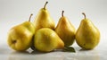 a group of five pears sitting on top of each other on a white surface with water droplets on the pears and leaves on the top of Royalty Free Stock Photo