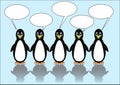 Group of five penguins with speech bubbles. Blank callouts for own message. Cute illustration on light blue ice Royalty Free Stock Photo