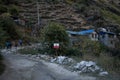 Group of five people trekking to a small mountain village