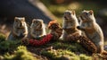 Four Adorable Squirrels Gathering Autumn Treasures in the Forest Sunlight Royalty Free Stock Photo