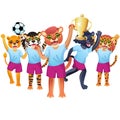 The cougar girl with goblet, and the team of panther, tiger, lion and jaguar is on the white background