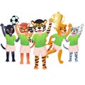 The tiger girl with goblet, and the team of panther, cougar, lion and snow leopard is on the white background Royalty Free Stock Photo