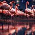 A group of flamingos dancing by the waters edge, their reflections shimmering under the night sky1 Royalty Free Stock Photo