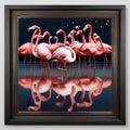 A group of flamingos dancing by the waters edge, their reflections shimmering under the night sky4 Royalty Free Stock Photo